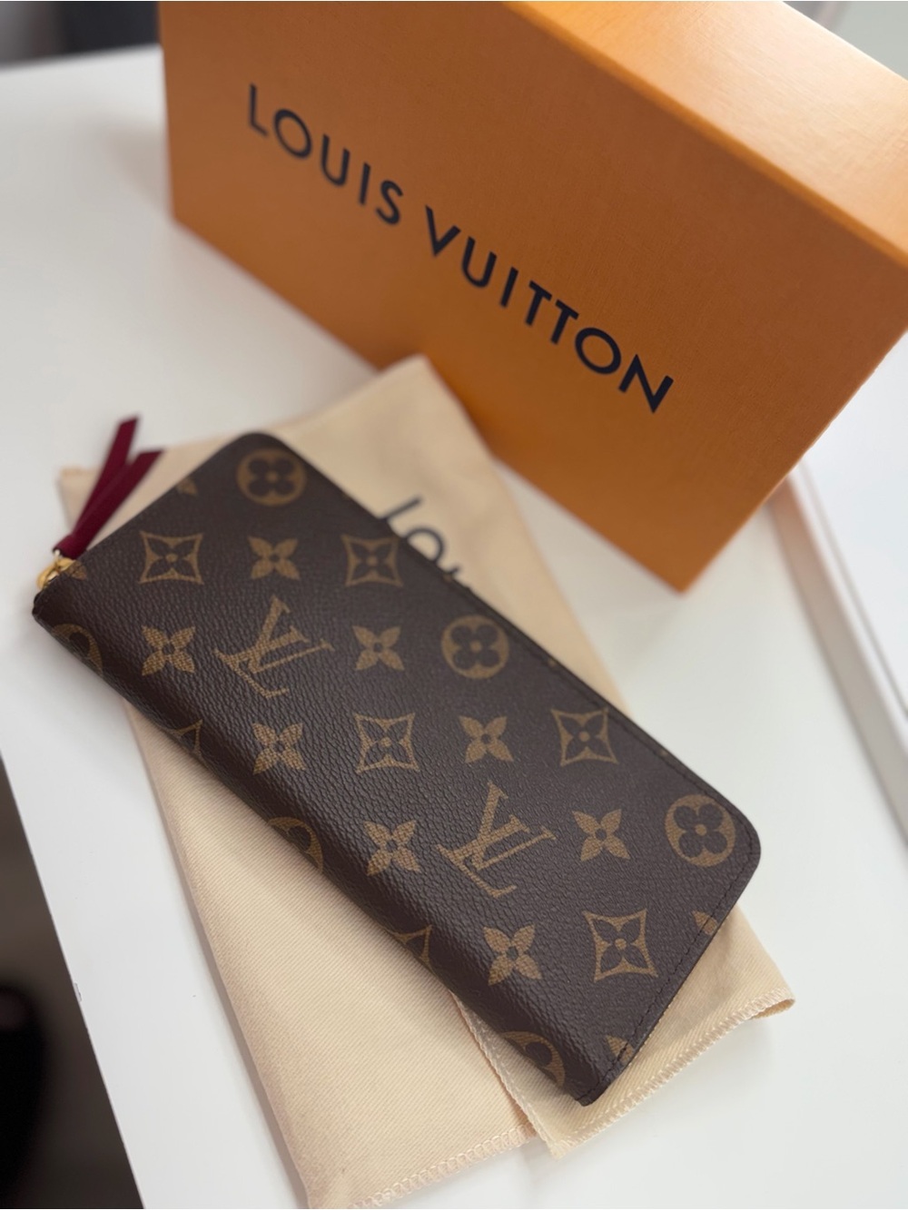 Louis Vuitton Monogram Canvas Zip Card Holder in Brown with Maroon Pull